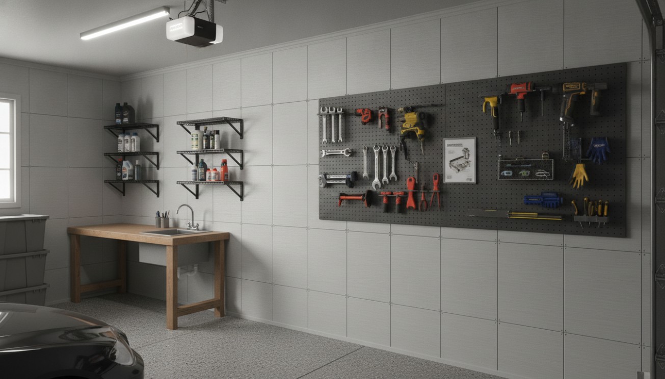 Garage workshop with PVC wall panels, pegboard tool storage, utility sink, shelves, and washable wall surfaces for organized maintenance areas.